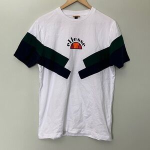 Ellesse White Tee with Green and Navy Stripes